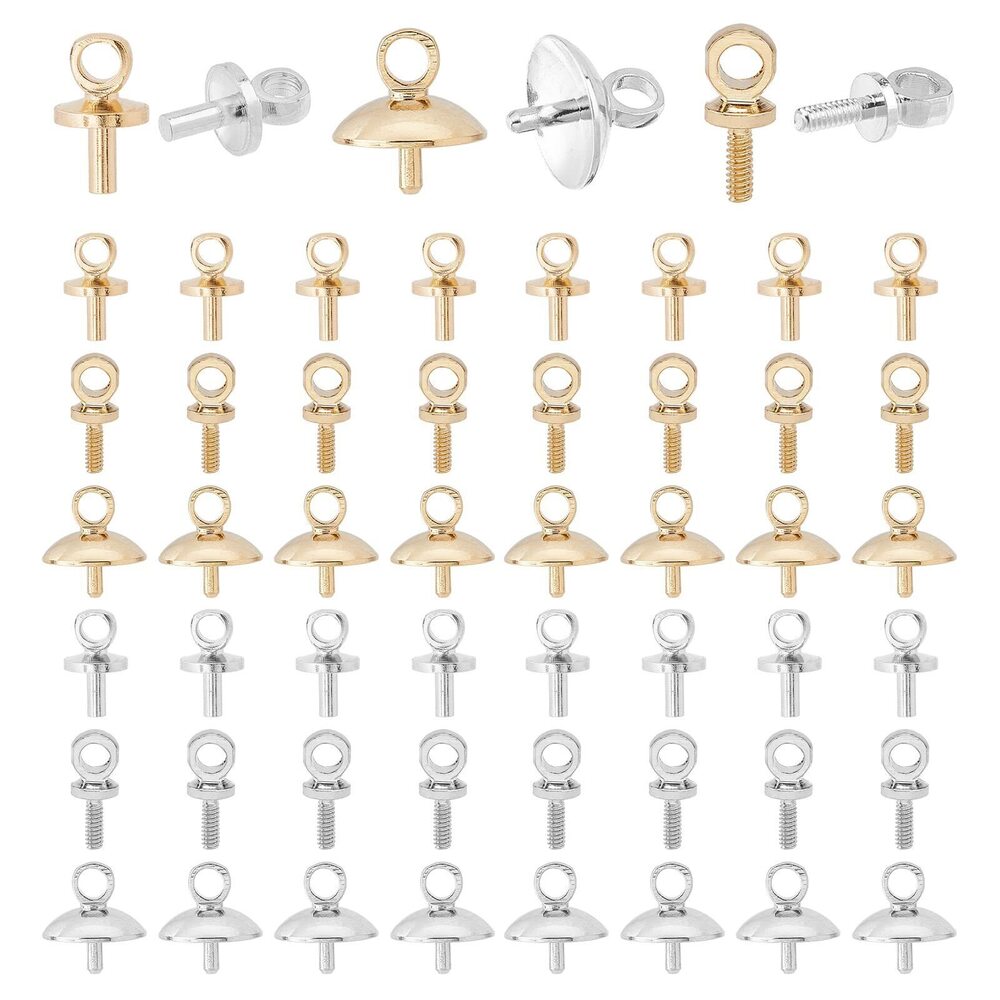 7631 Cup Pearl Screw Eye Pin Bail Peg Pendants, 60pcs 6 Styles Brass Cup